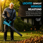 Blau-schwarzer Laubbläser in einer Anwendungsszene im Garten