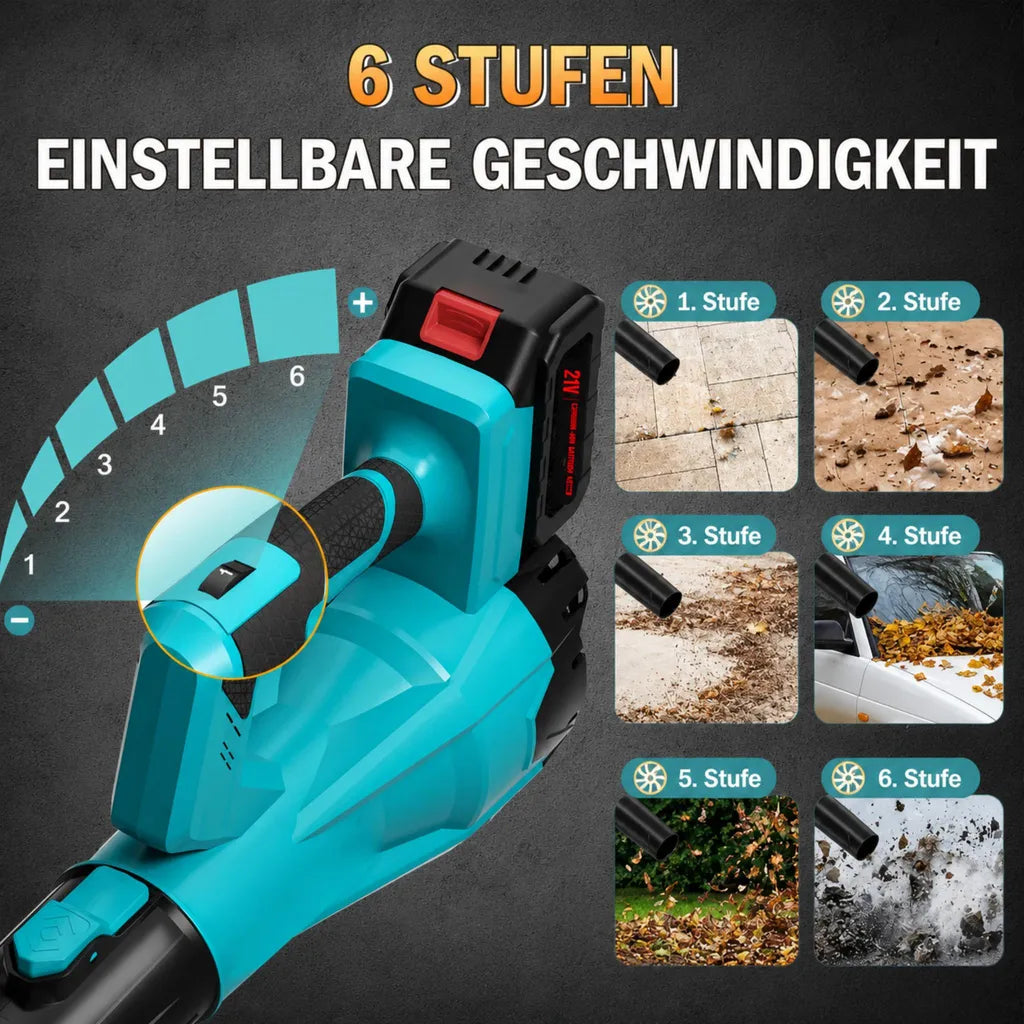 Bedienelement und Anwendungsszenen des Laubbläsers