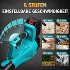 Bedienelement und Anwendungsszenen des Laubbläsers
