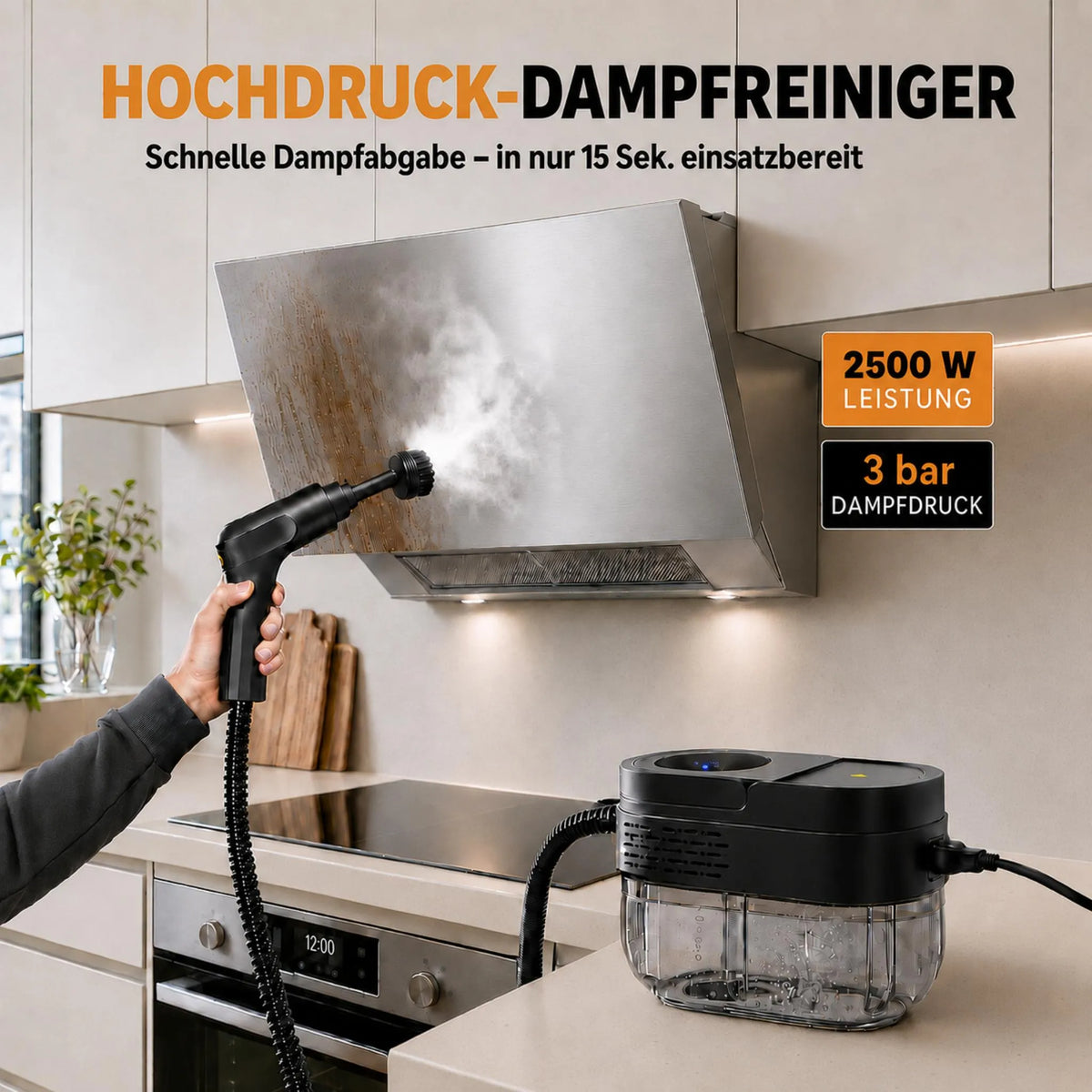 Schwarzer Dampfreiniger in einer Küchenszene