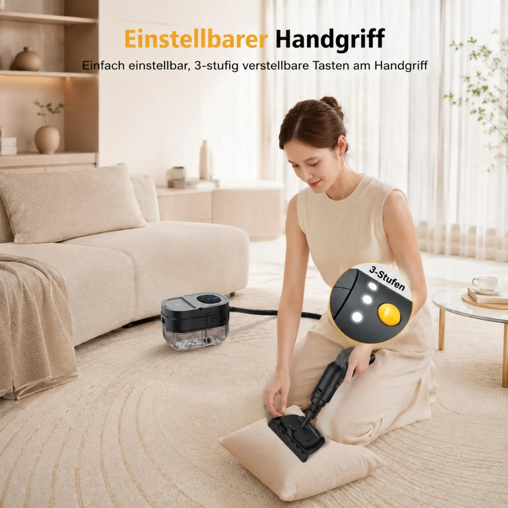 Schwarzer Dampfreiniger in einer Polsterreinigungsszene
