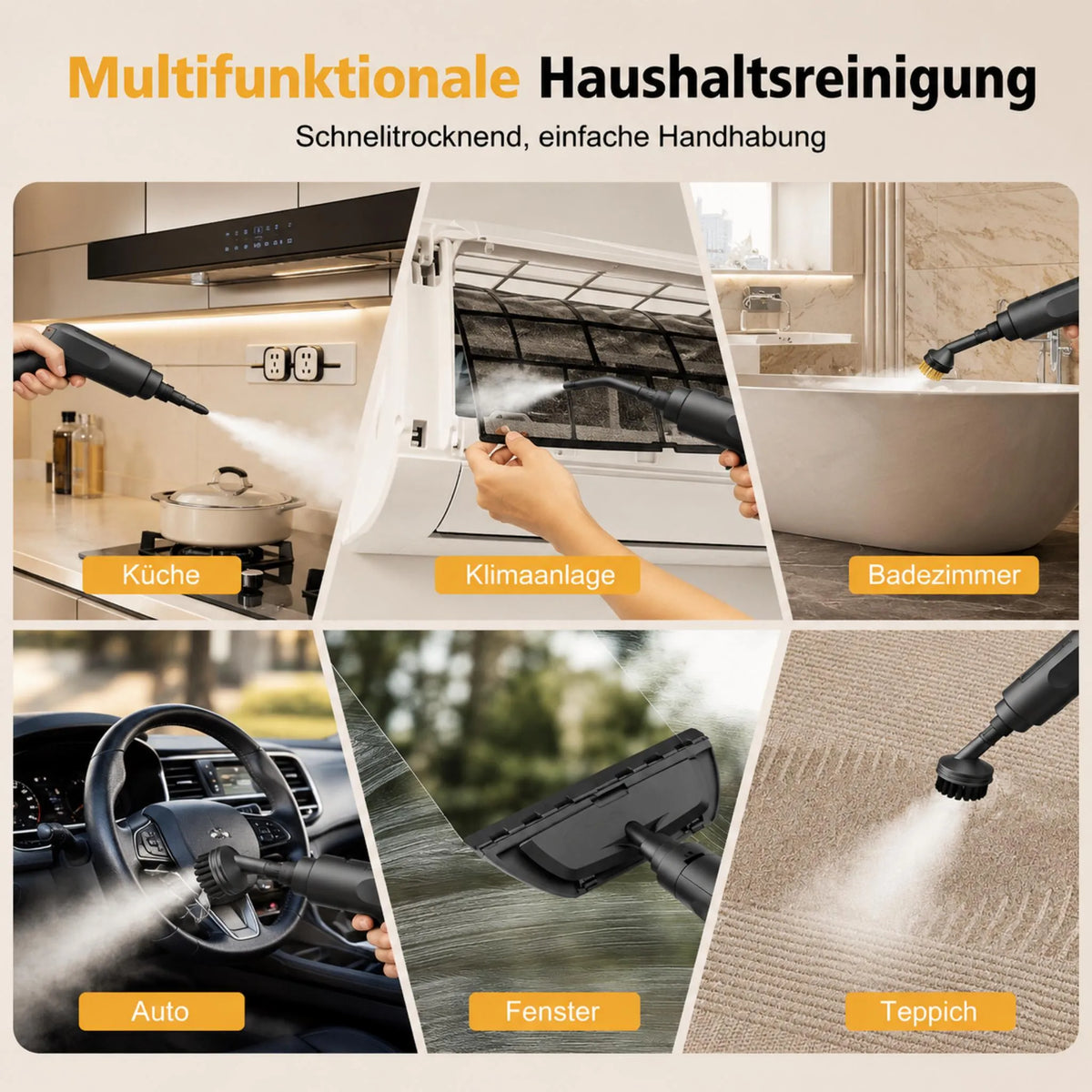 Anwendungsszenen mit den Aufsätzen des Dampfreinigers