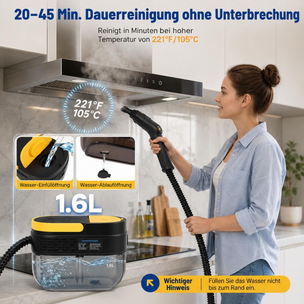 Gelber Dampfreiniger mit 1,6-Liter-Tank – Ansicht 4