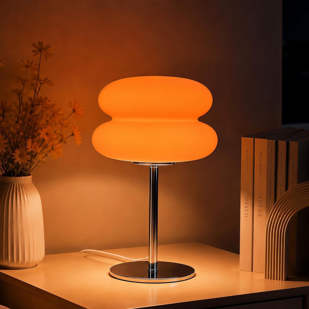 Orange Tischleuchte mit zweistufigem Rundschirm und metallfarbenem Fuß