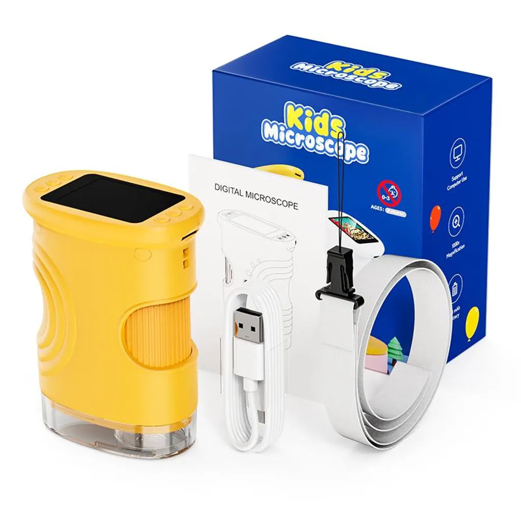 Handmikroskop mit abgebildeter Verpackung und Zubehör