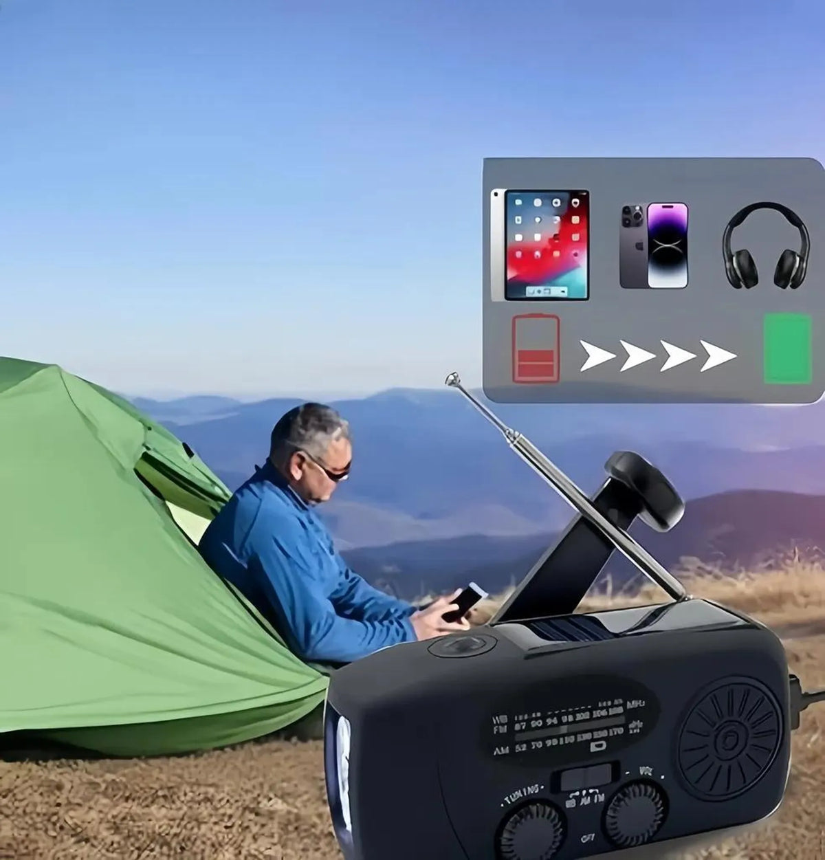 Schwarzes Kurbelradio in einer Campingszene