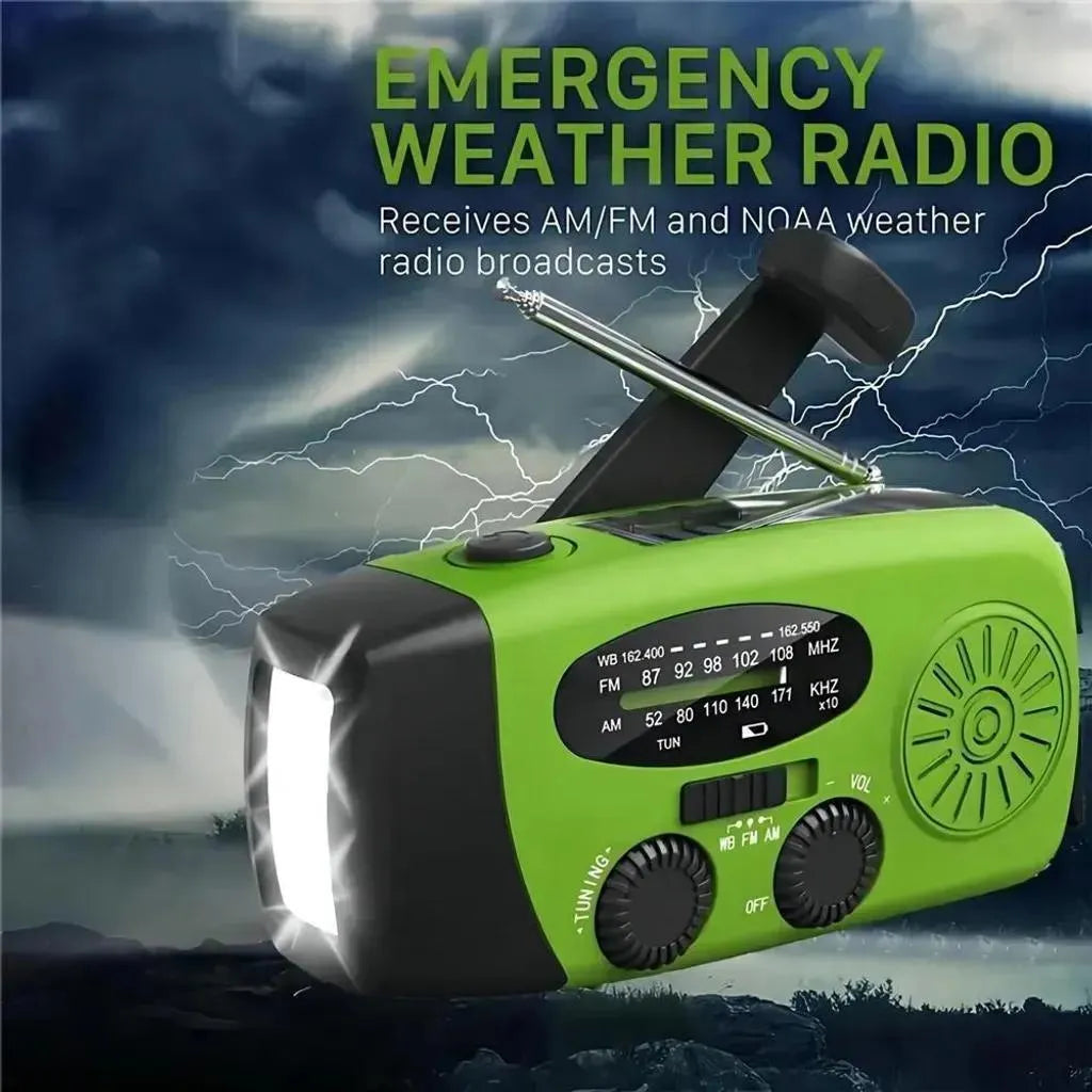 Grünes Kurbelradio mit Empfangsdarstellung