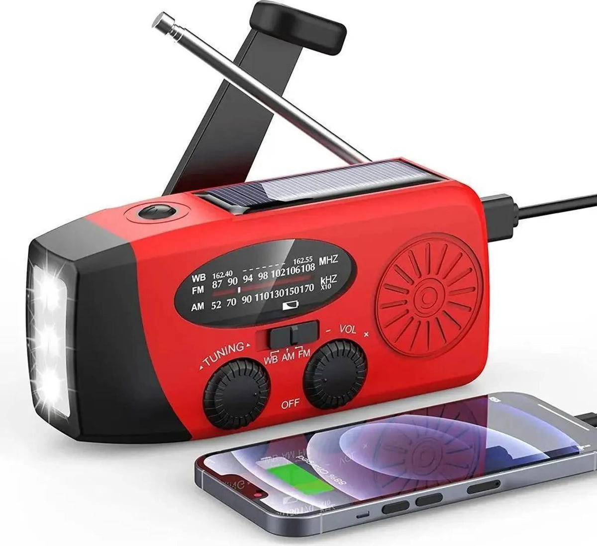 Rotes Radio mit Antenne; abgebildetes Smartphone dient nur zur Veranschaulichung