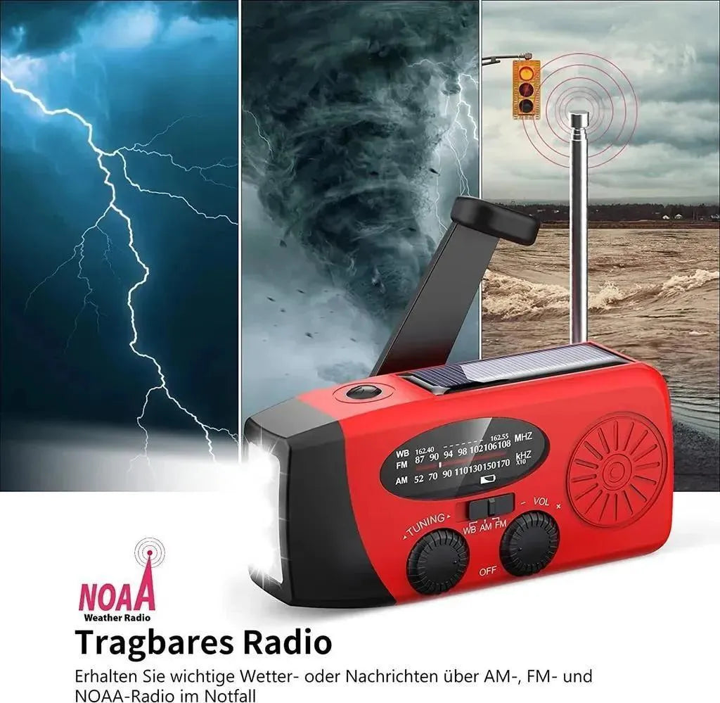 Rotes Kurbelradio in einer Wetterdarstellung
