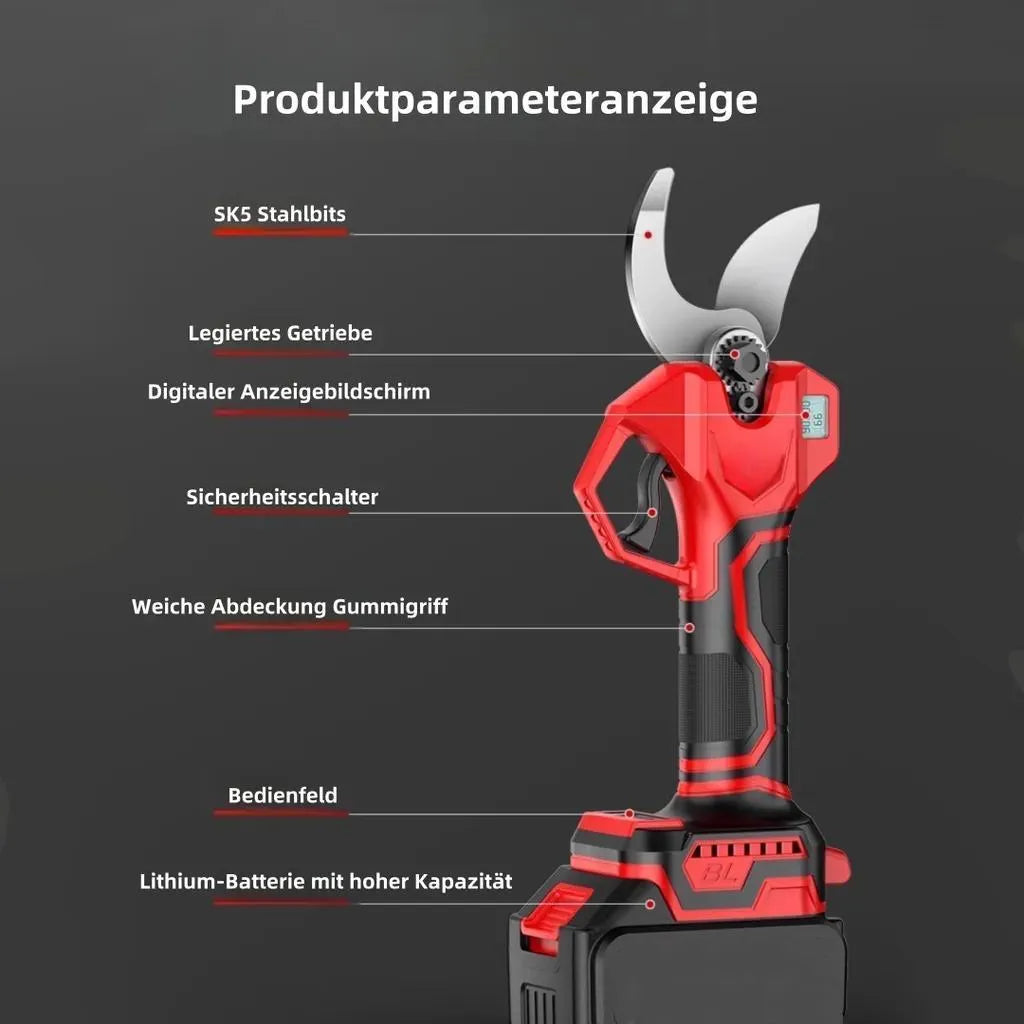 Rote Akku-Gartenschere mit markierten Bauteilen