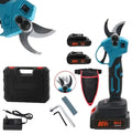 Blaue Akku-Gartenschere mit zwei Akkus, Holster und Koffer