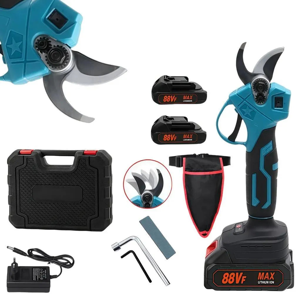 Blaue Akku-Gartenschere mit zwei Akkus, Holster und Koffer