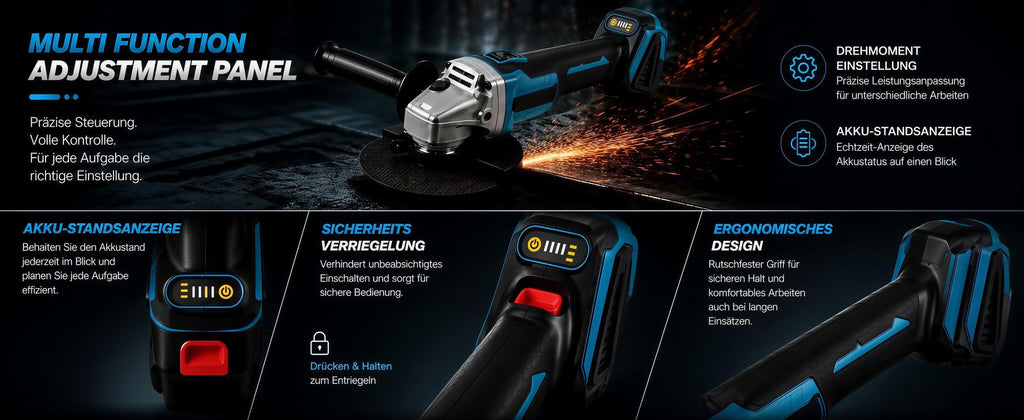 Bedienfeld und Akkuaufnahme am hinteren Griff