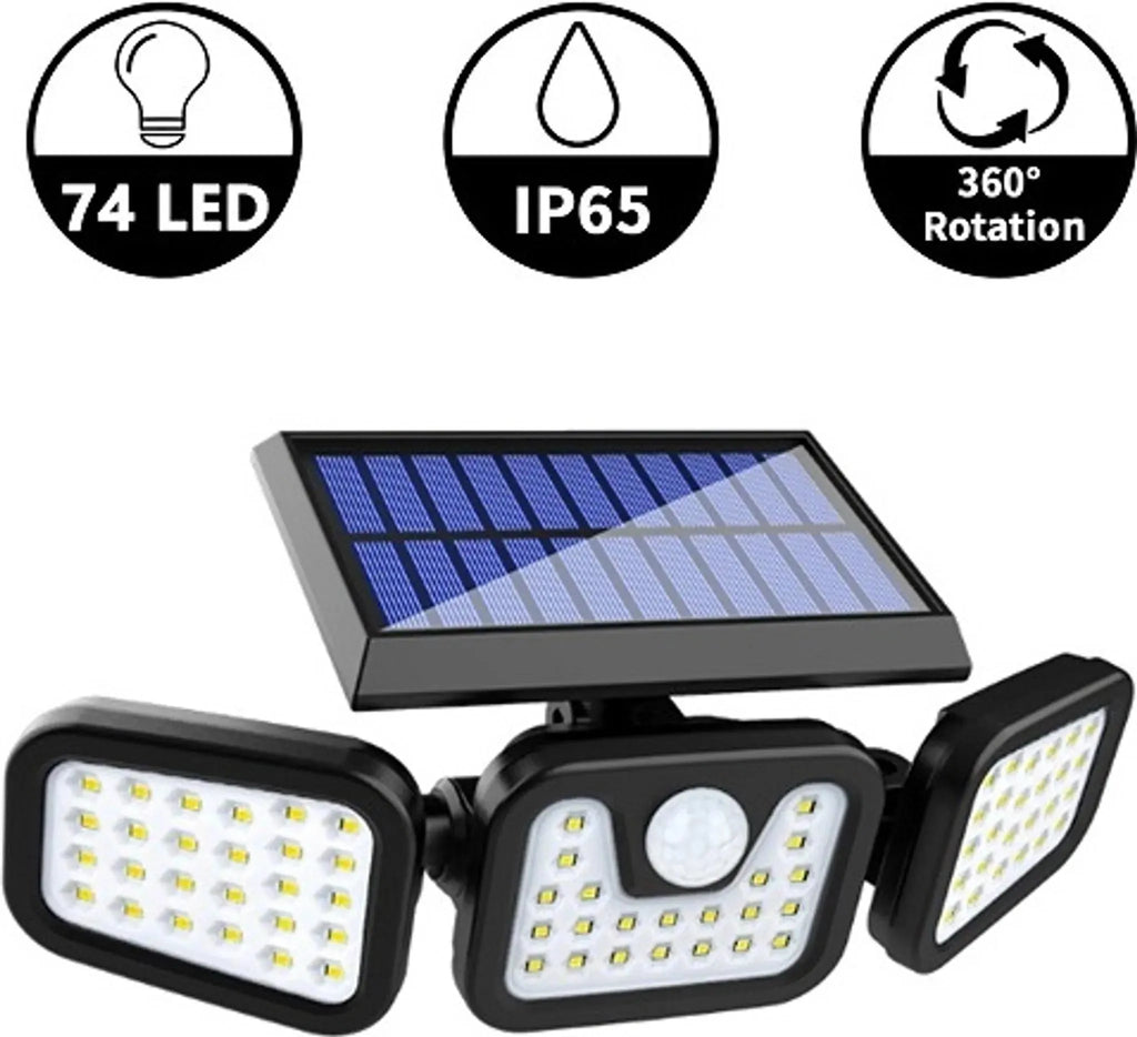 Schwarze Solar-Wandleuchte mit drei Leuchtflächen und Solarpanel