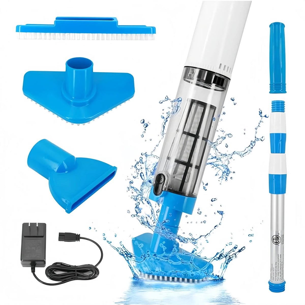 Weiß-blauer Poolreiniger mit transparentem Filtergehäuse, blauem Bürstenkopf und Verlängerungsstange