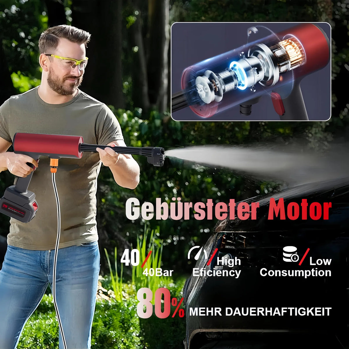 Anwendung und Motordarstellung der rot-grauen Wassersprühpistole