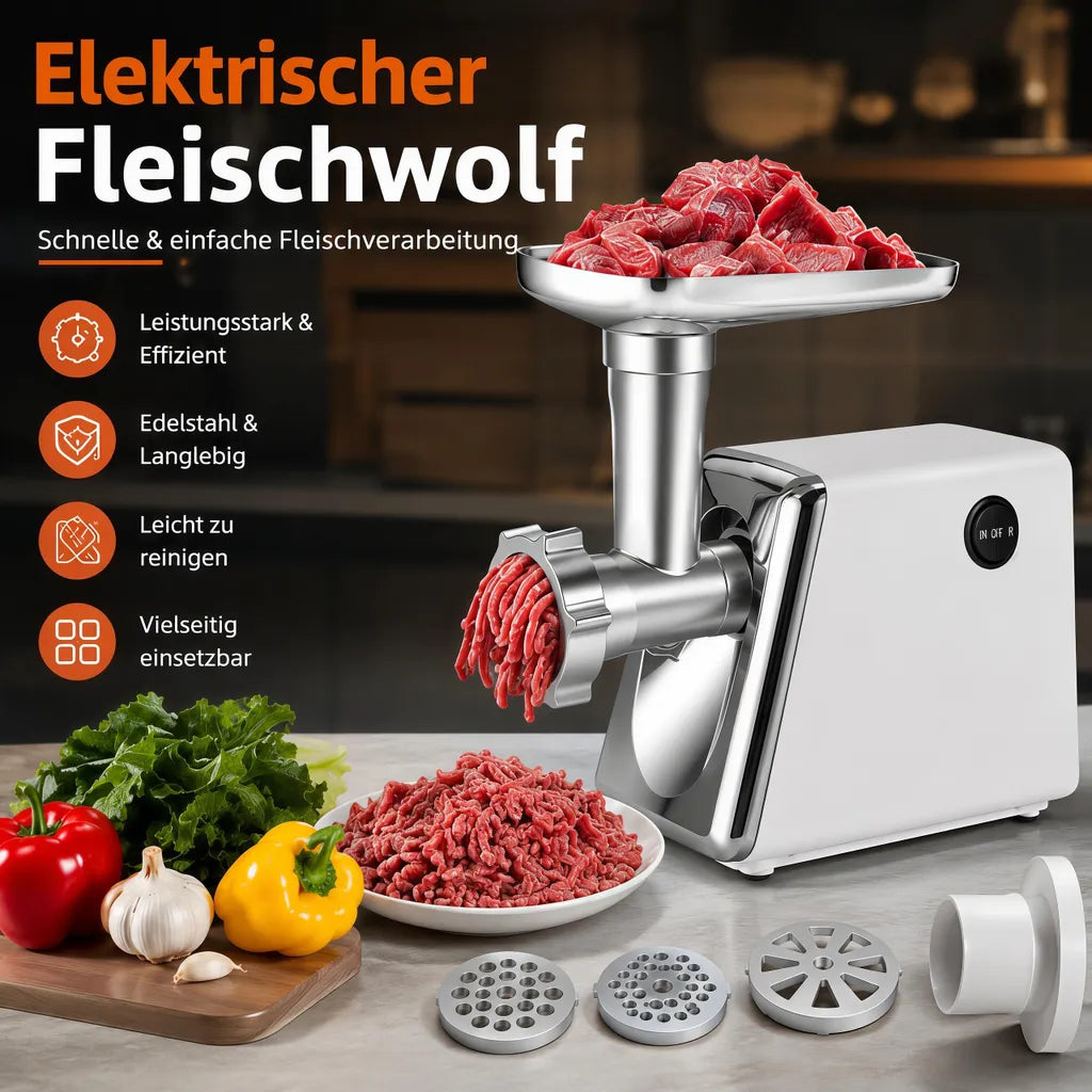 Elektrischer Fleischwolf in Weiß-Silber mit Zubehör – Produktansicht 4