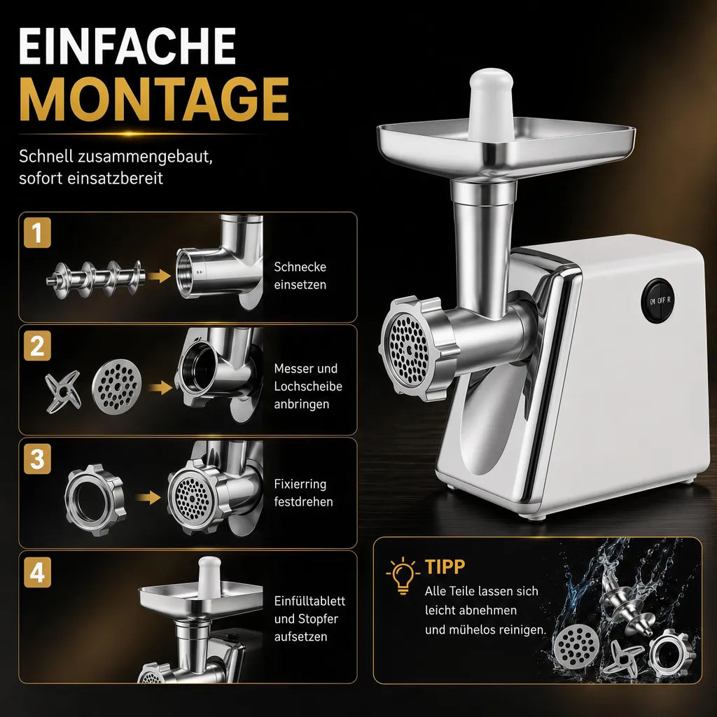 Elektrischer Fleischwolf in Weiß-Silber mit Zubehör – Produktansicht 6
