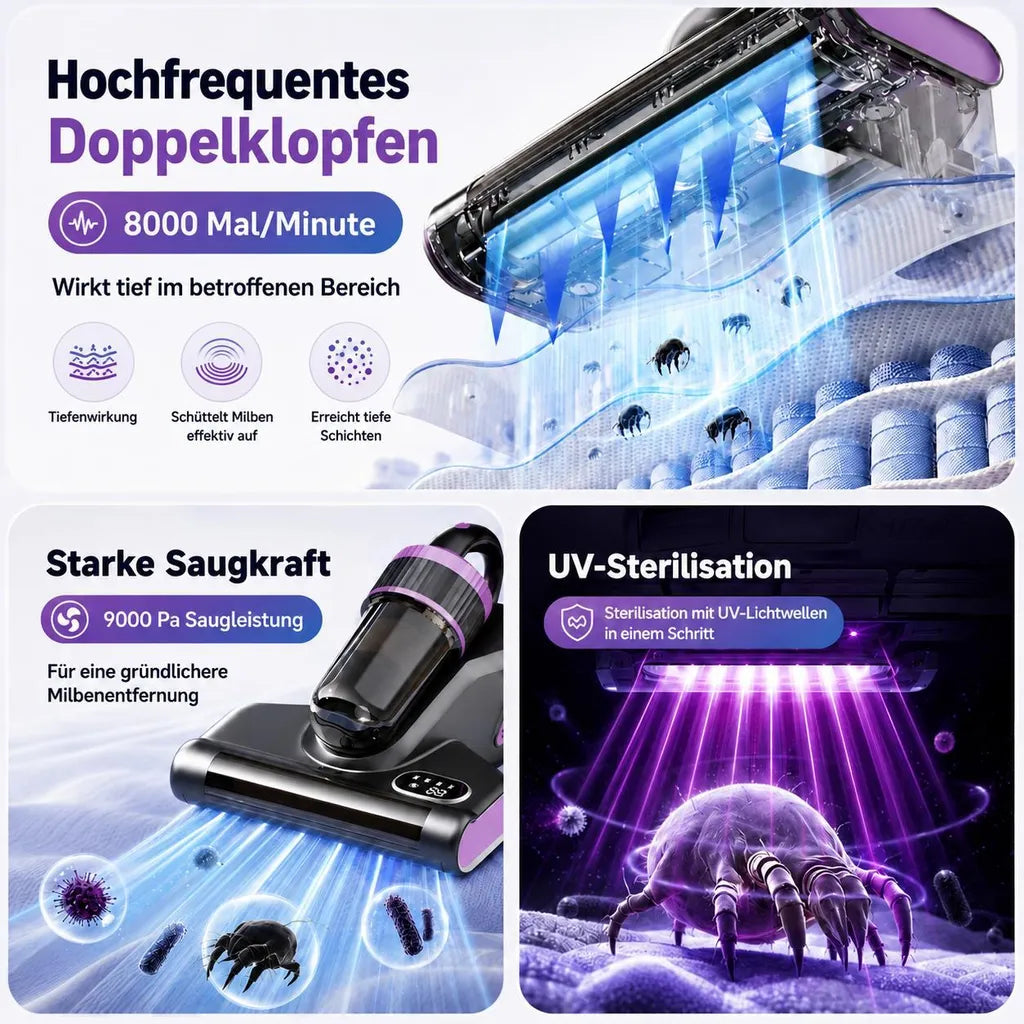 Detailansichten des grauvioletten Hand-Milbensaugers