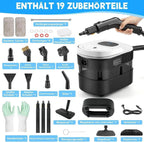 Weißer Dampfreiniger auf rollbarem Untersatz mit Zubehör