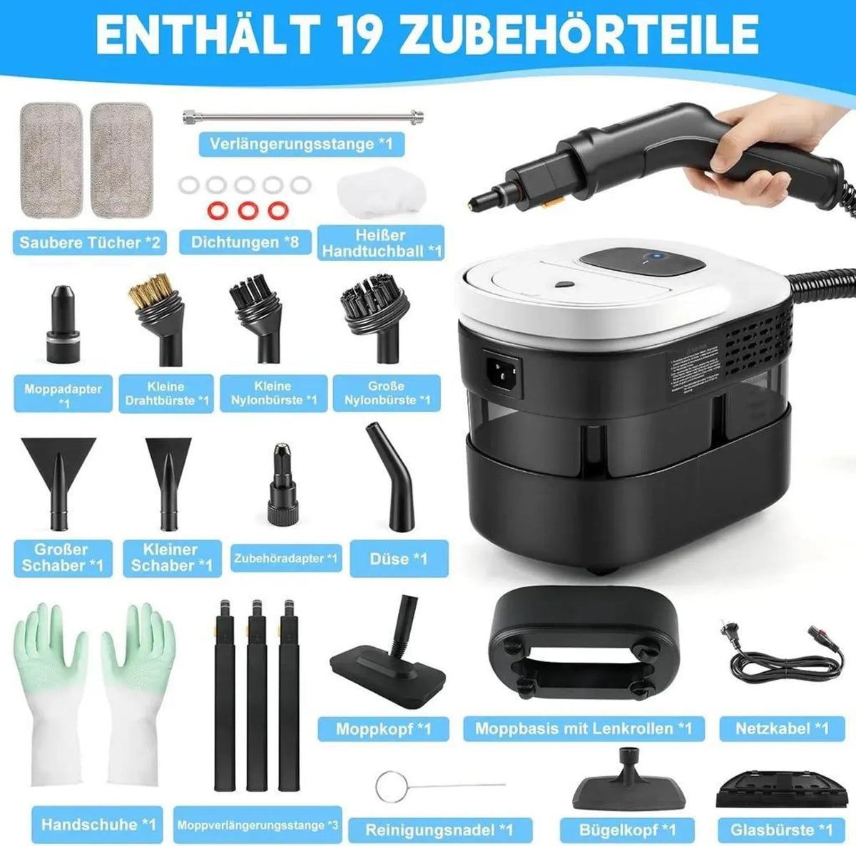 Weißer Dampfreiniger auf rollbarem Untersatz mit Zubehör