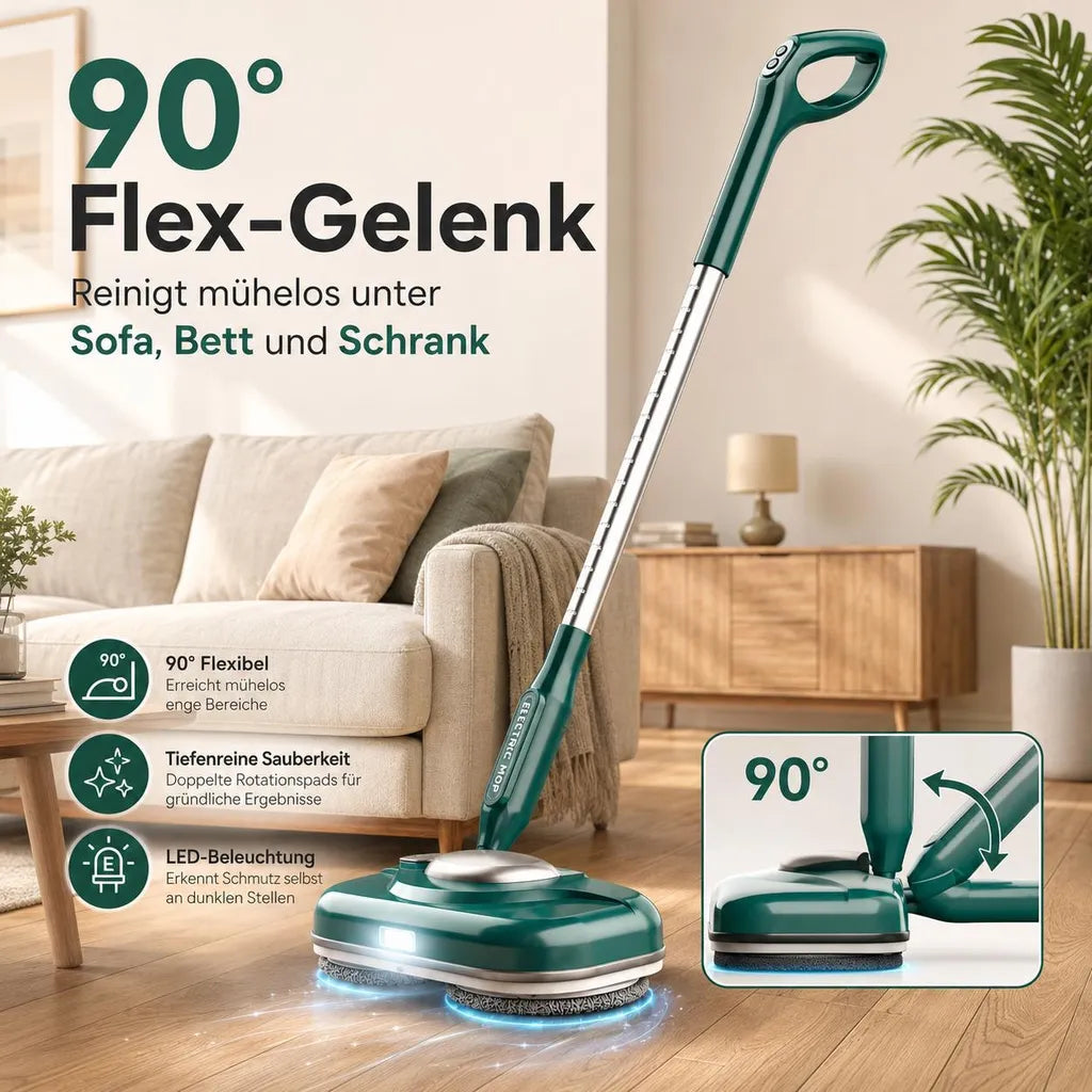 Grüner Wischmopp mit Darstellung des geneigten Stiels