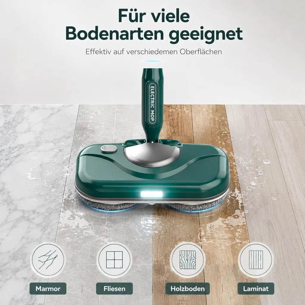 Grüner Wischmopp auf verschiedenen Bodenflächen