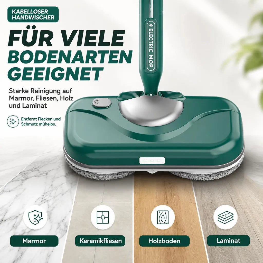Grüner Wischmopp auf verschiedenen Bodenflächen