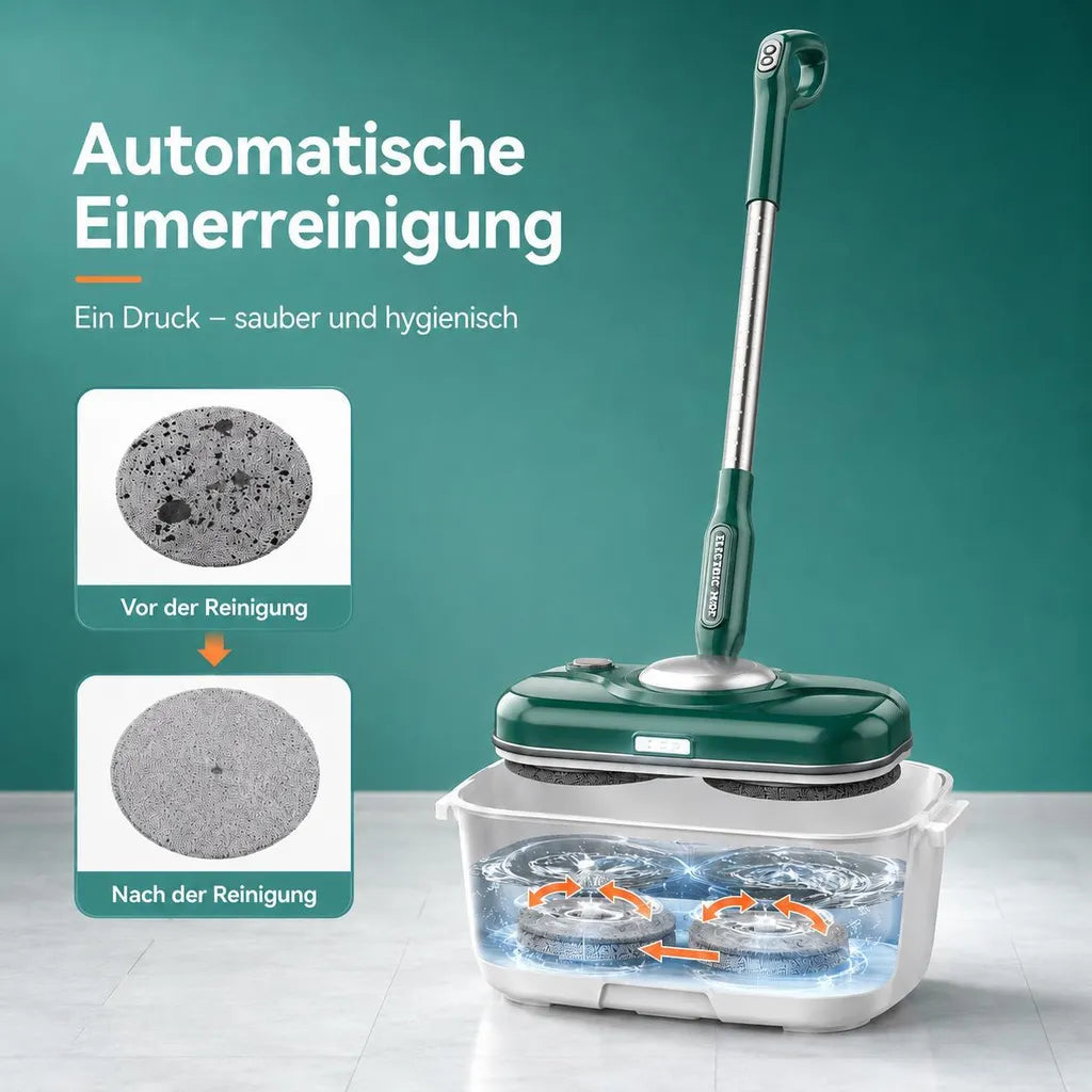Grüner Wischmopp mit Darstellung des Reinigungseimers