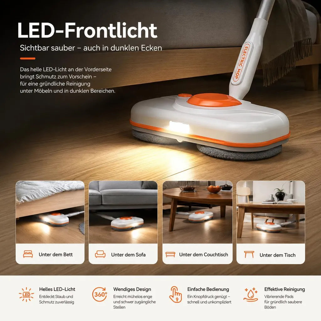 Weißer Wischmopp mit orangefarbenen Details und Darstellung des Frontlichts