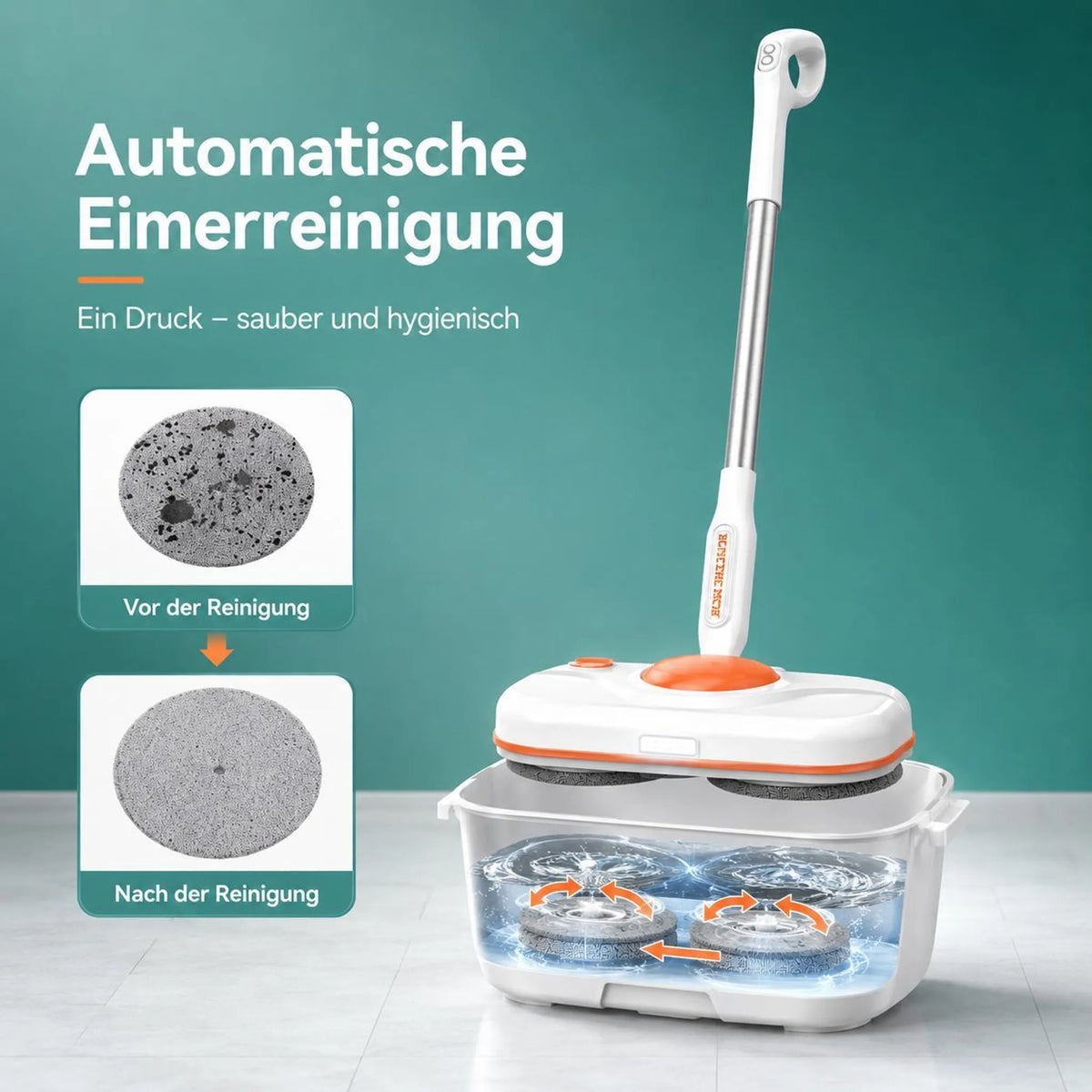 Weißer Wischmopp mit Darstellung des Reinigungseimers