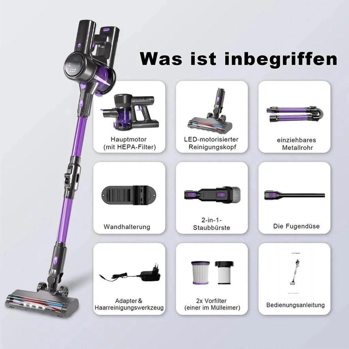 Violetter Akku-Staubsauger mit Display – Ansicht 10