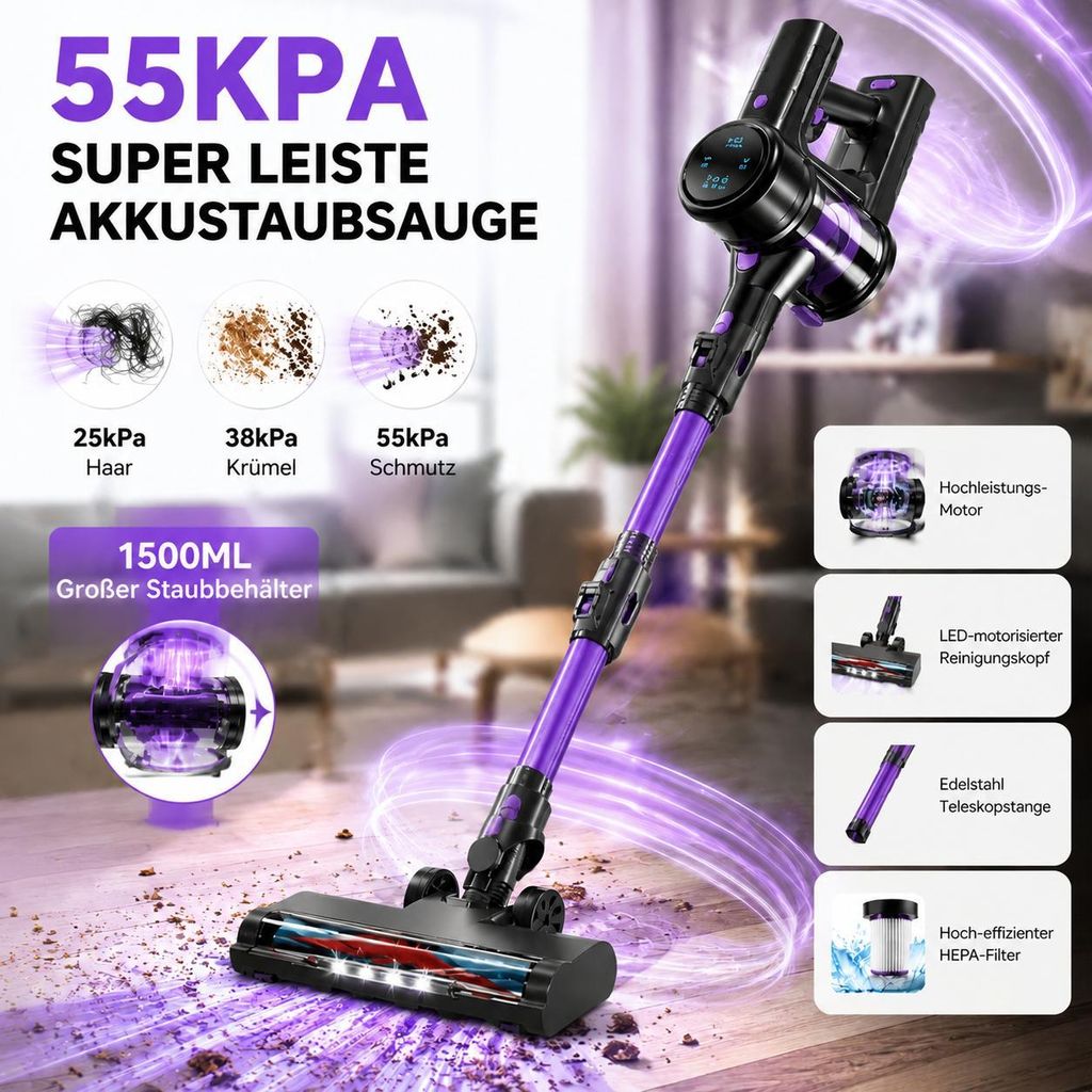 Violetter Akku-Staubsauger mit Display – Ansicht 2