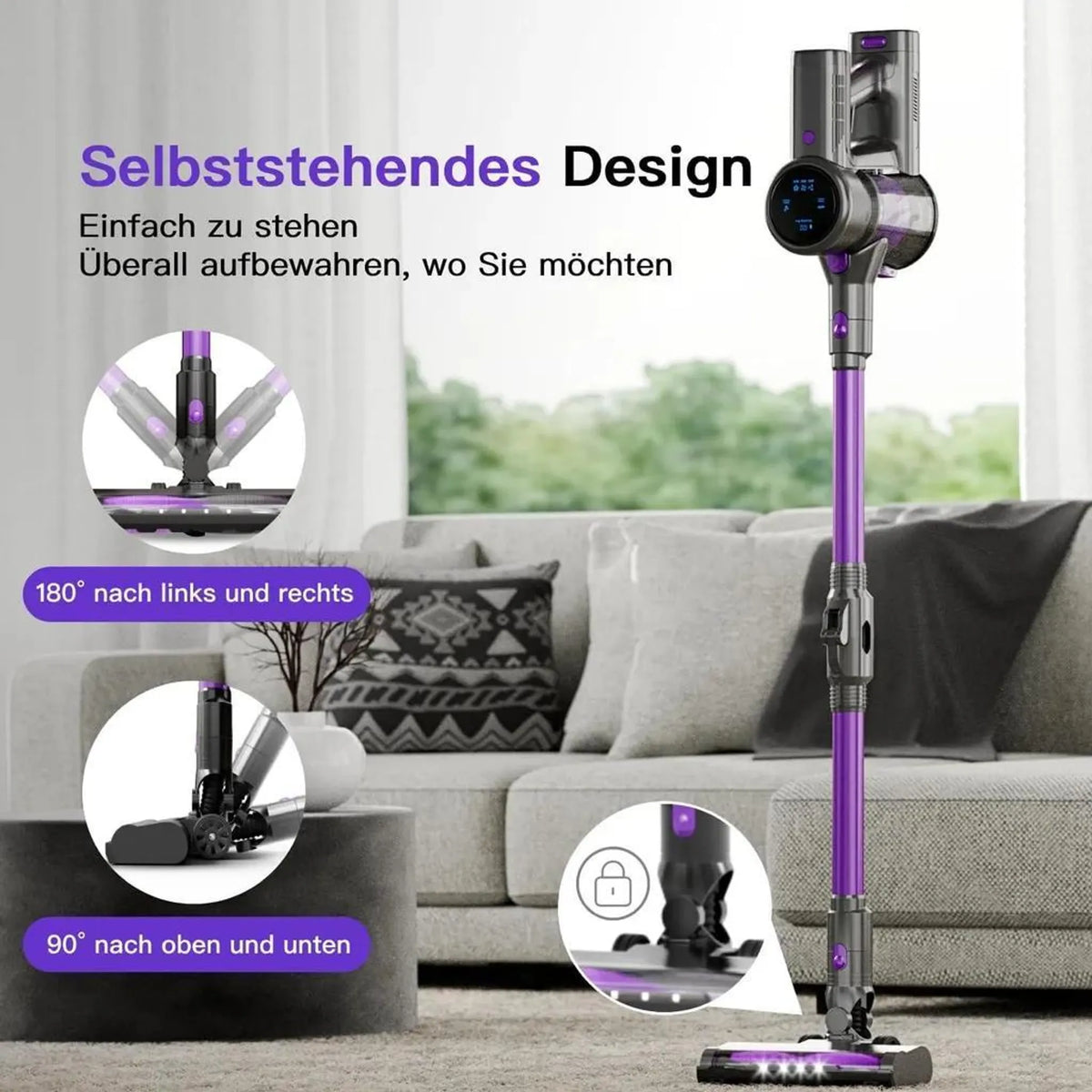Violetter Akku-Staubsauger mit Display – Ansicht 7