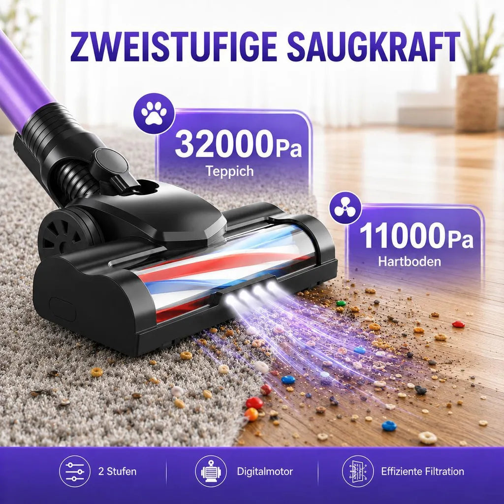 Bodendüse des violetten Staubsaugers in der Anwendung
