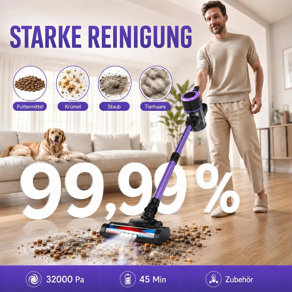 Violetter Staubsauger in einer Wohnraumszene