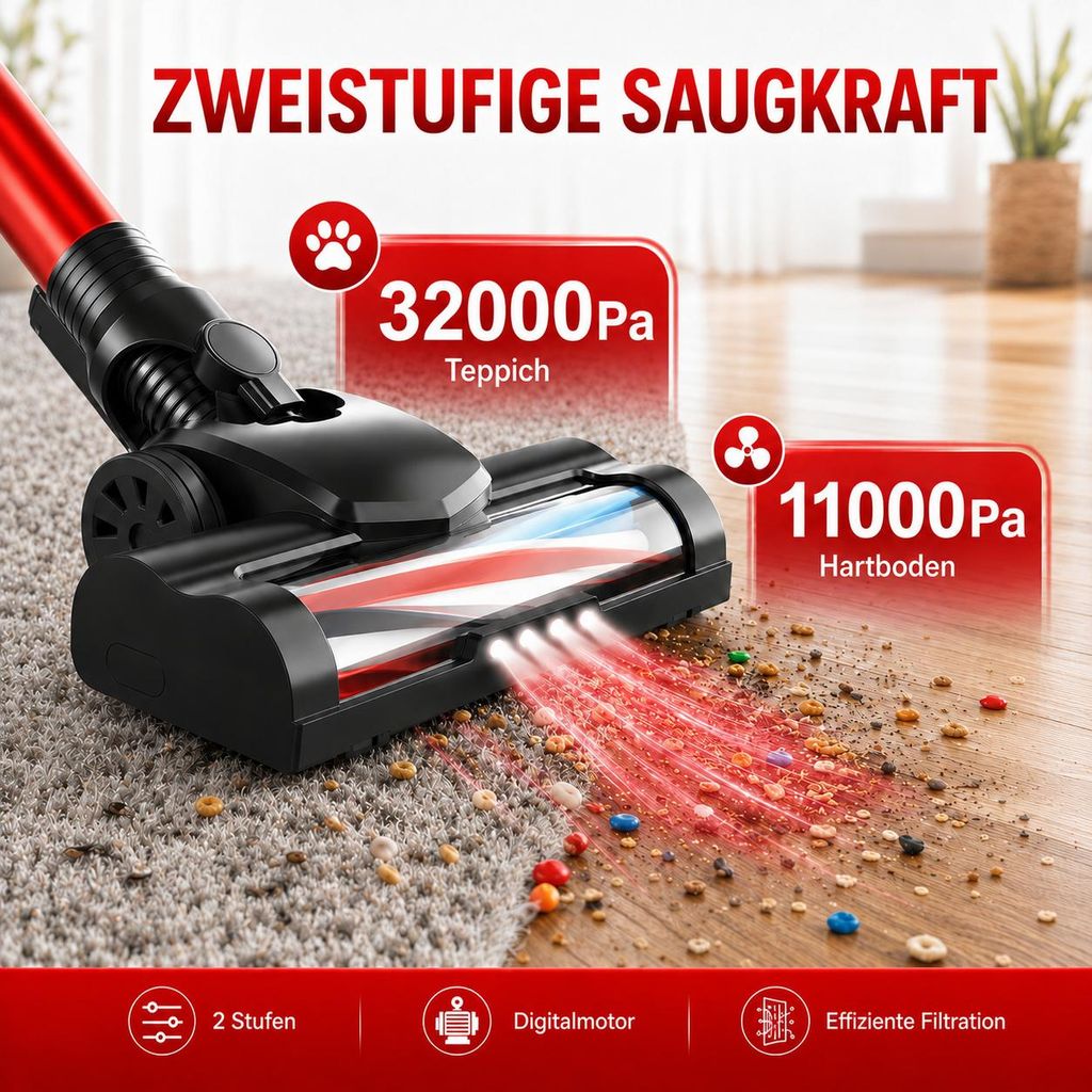 Roter Akku-Staubsauger – Anwendung und Details