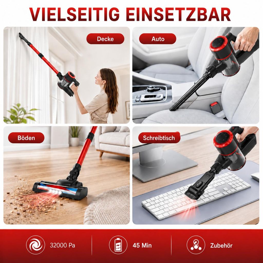 Roter Akku-Staubsauger – Zubehör und Details