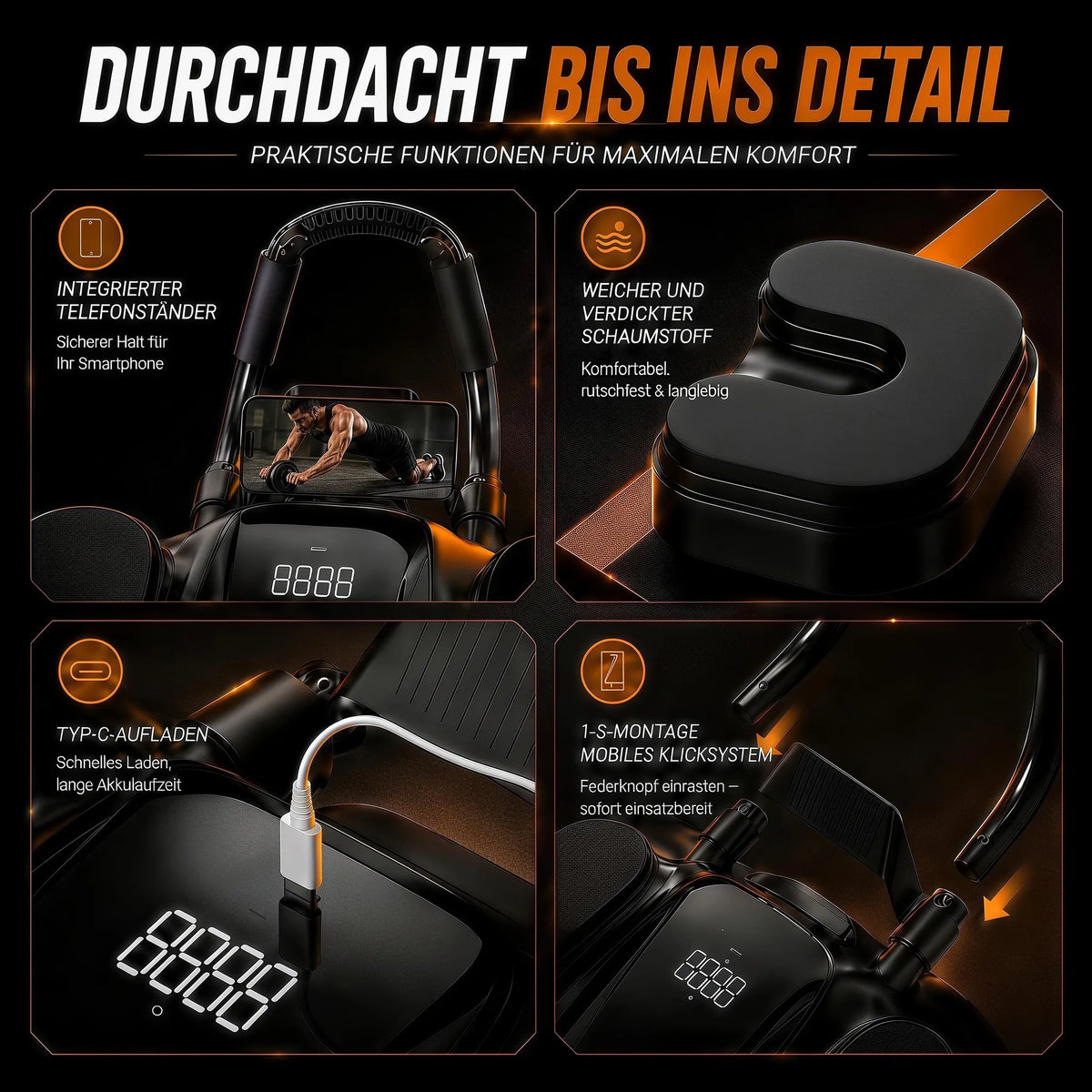 Schwarzer Bauchroller mit Display – Produktdetail 6; abgebildetes Smartphone nicht enthalten