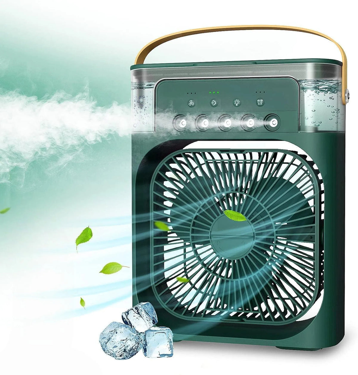 Grüner Nebelventilator mit Trageschlaufe und oben angeordnetem Wassertank
