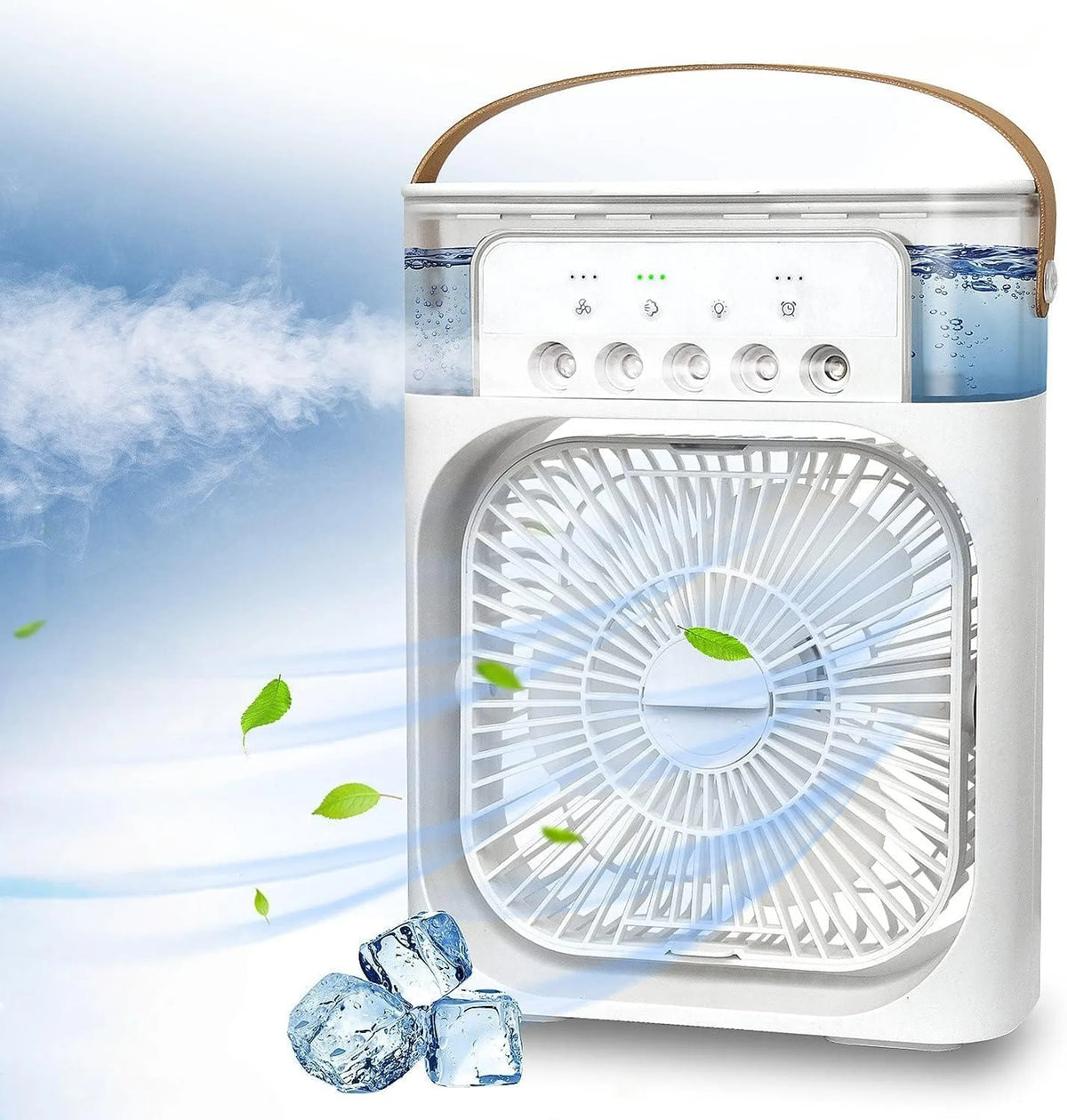 Weißer Nebelventilator mit Trageschlaufe und oben angeordnetem Wassertank