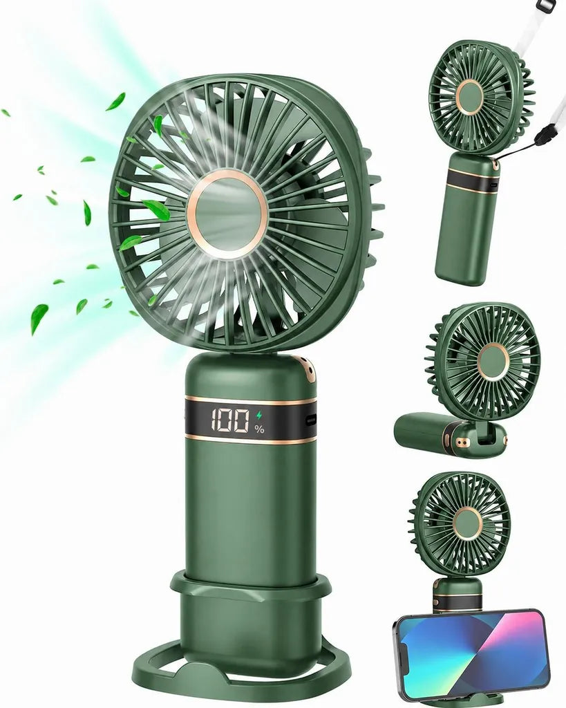 Grüner faltbarer Handventilator mit Displayband und Standfuß