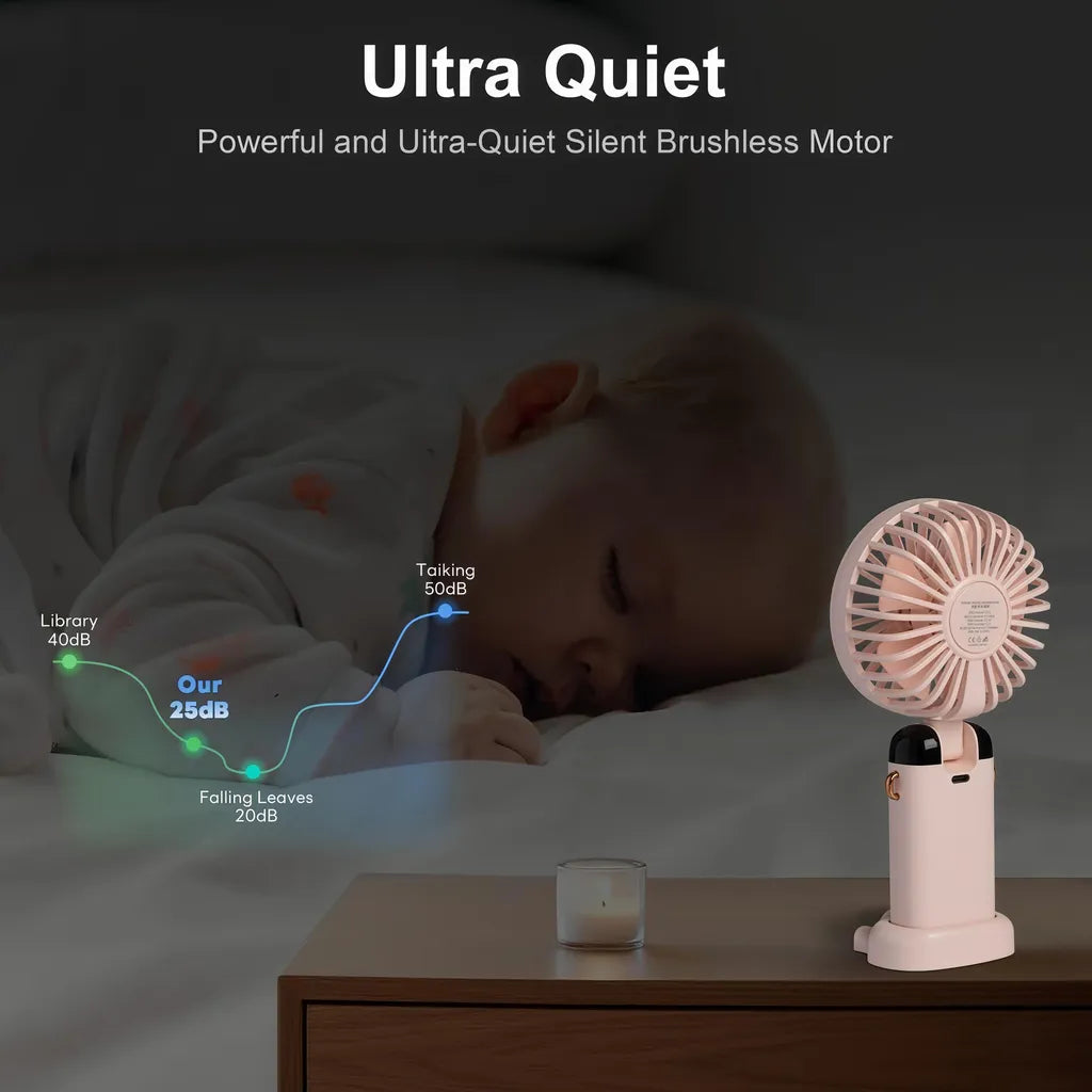 Rosafarbener Handventilator neben einem Bett
