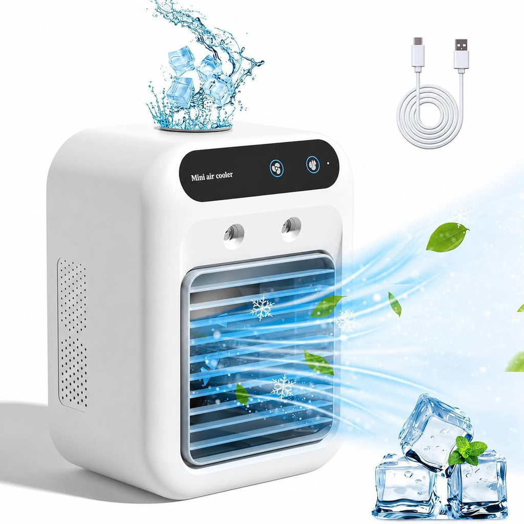 Weißer Tischventilator mit horizontalen Luftlamellen und zwei vorderen Öffnungen