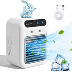 Weißer Tischventilator mit horizontalen Luftlamellen und zwei vorderen Öffnungen