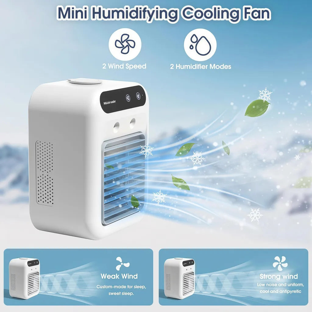 Weißer Tischventilator mit horizontalen Luftlamellen und zwei vorderen Öffnungen in einer Funktionsdarstellung