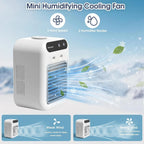 Weißer Tischventilator mit horizontalen Luftlamellen und zwei vorderen Öffnungen in einer Funktionsdarstellung