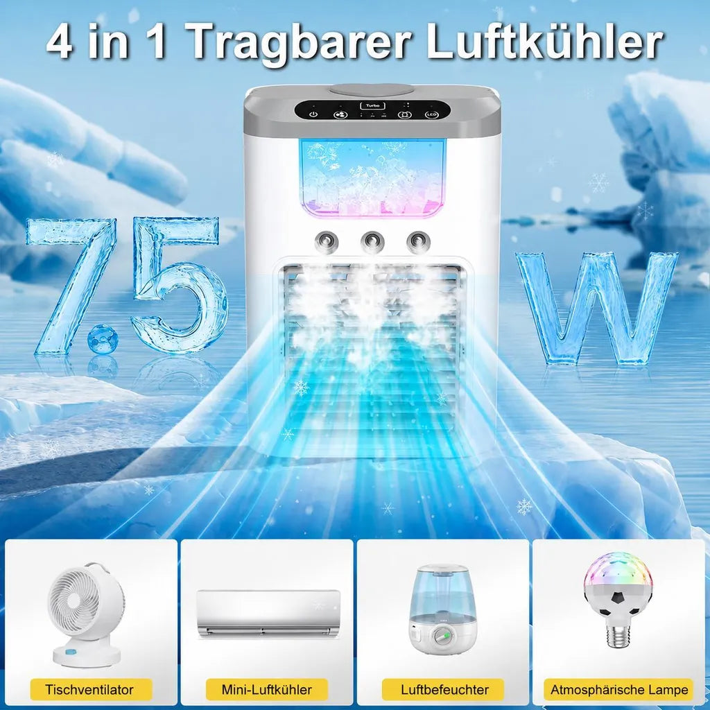 Weiß-grauer Tischluftkühler mit Funktionsdarstellung