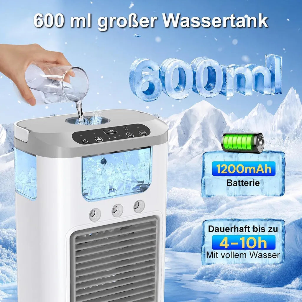 Weiß-grauer Tischluftkühler mit Darstellung des Wassertanks