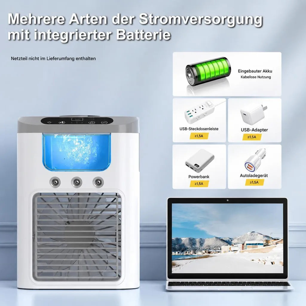 Weiß-grauer Tischluftkühler mit Stromversorgungsdarstellung
